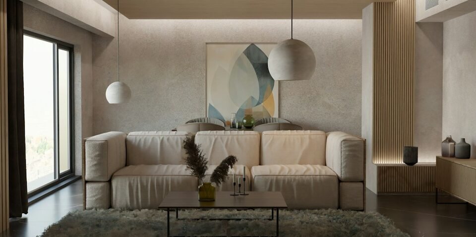 دهانات ديكورات داخلية بألوان محايدة وتشطيبات جدران أنيقة في تصميم صالة